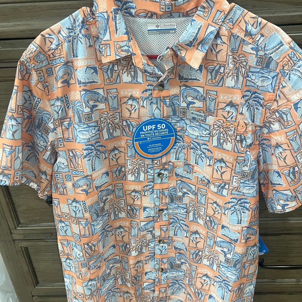 Columbia Men’s Orange and Light Blue Printed Short-Sleeve Button-Down Shirt